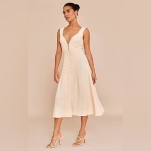 PrettyLittleThing Cream Button-Front V-Neck Midi Dress